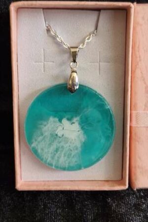 Pendentif rond bleu vert turquoise transparent